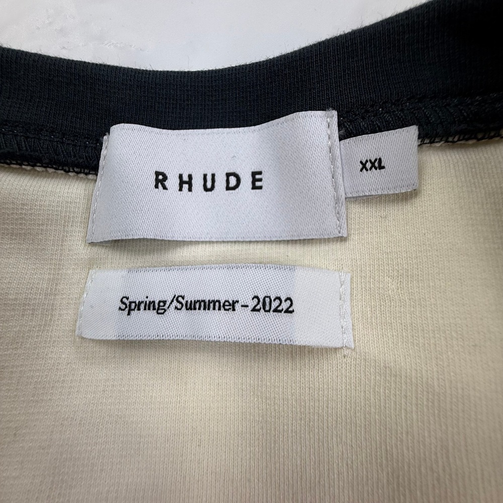 Rhude Court Henley T-Shirt Mens XXL Cream Black SS22 Colorblock Streetwear Logo - Picture 8 of 11